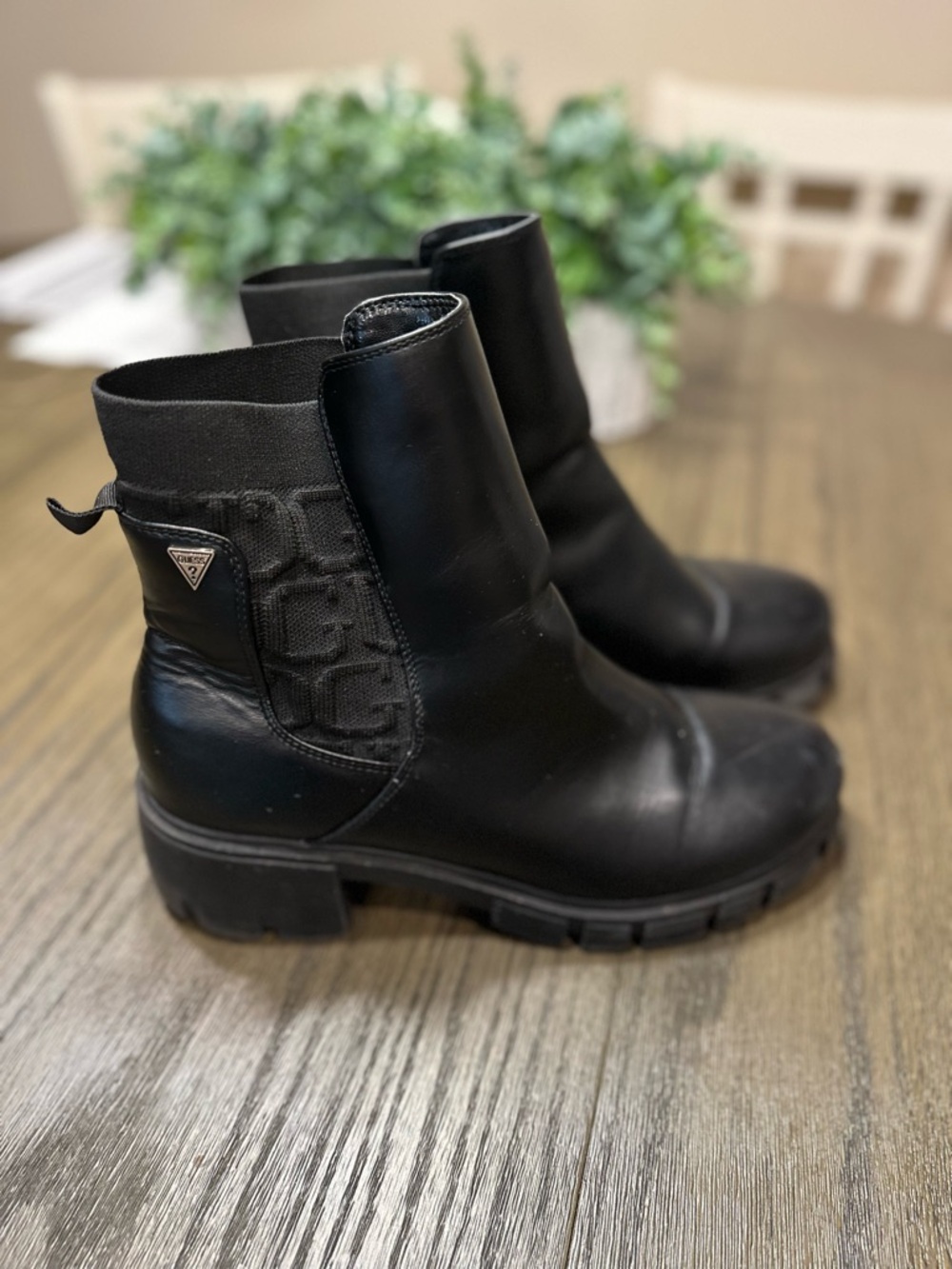 Guess Black Leather Lug Sole Chelsea Ankle Boots